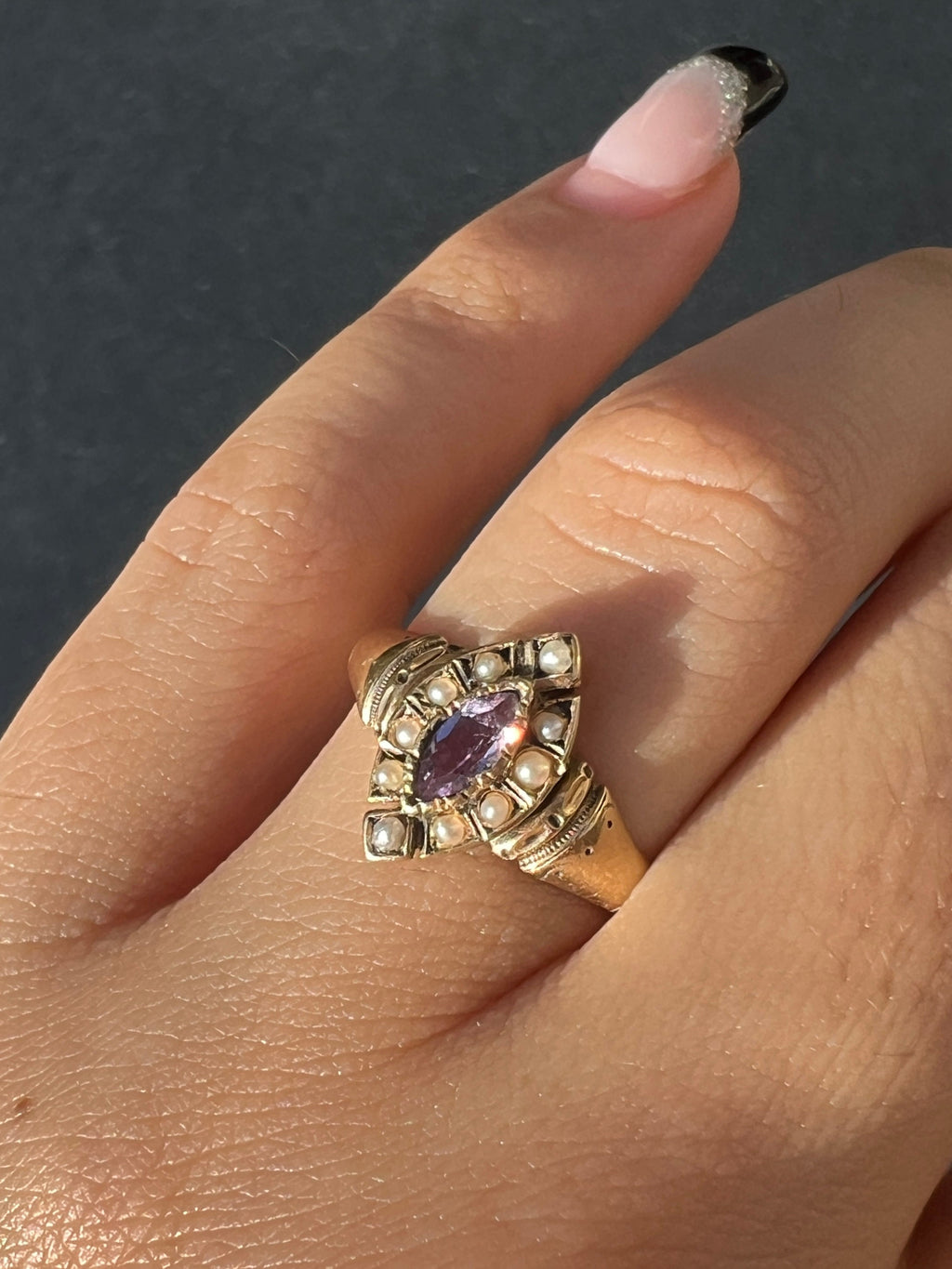 Antique Amethyst Pearl Navette Ring