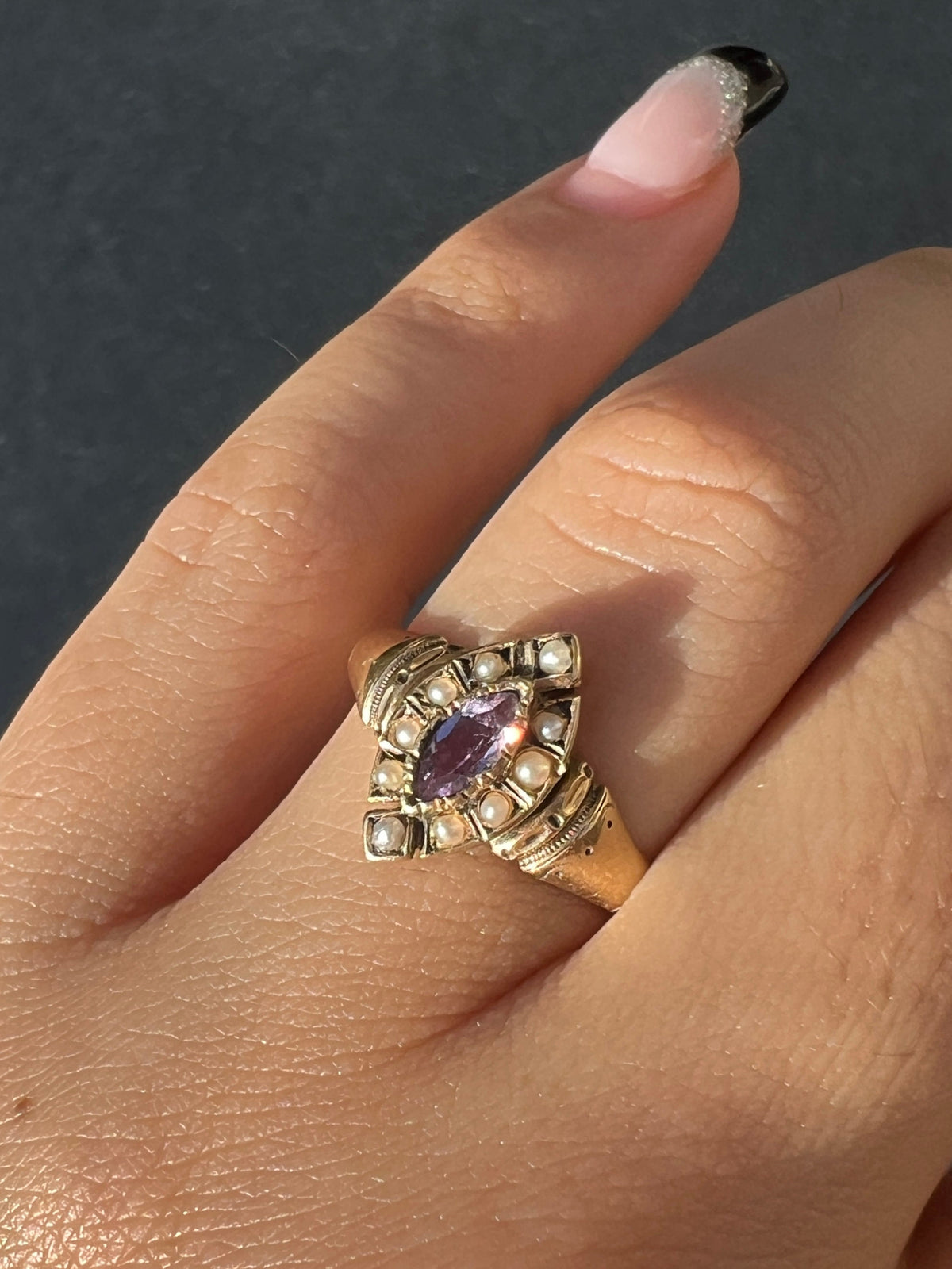 Antique Amethyst Pearl Navette Ring