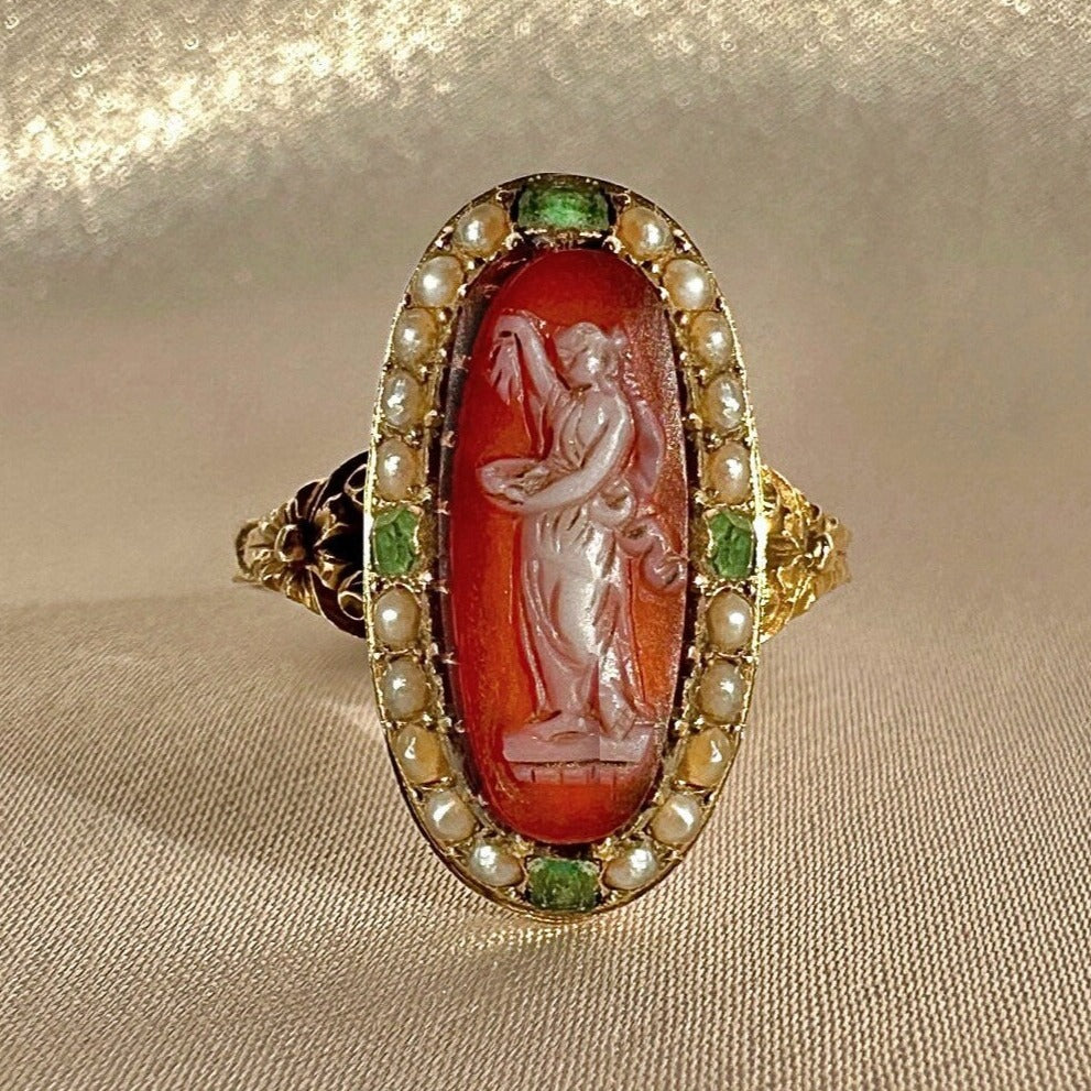 Antique Carnelian Emerald Pearl Cameo Ring