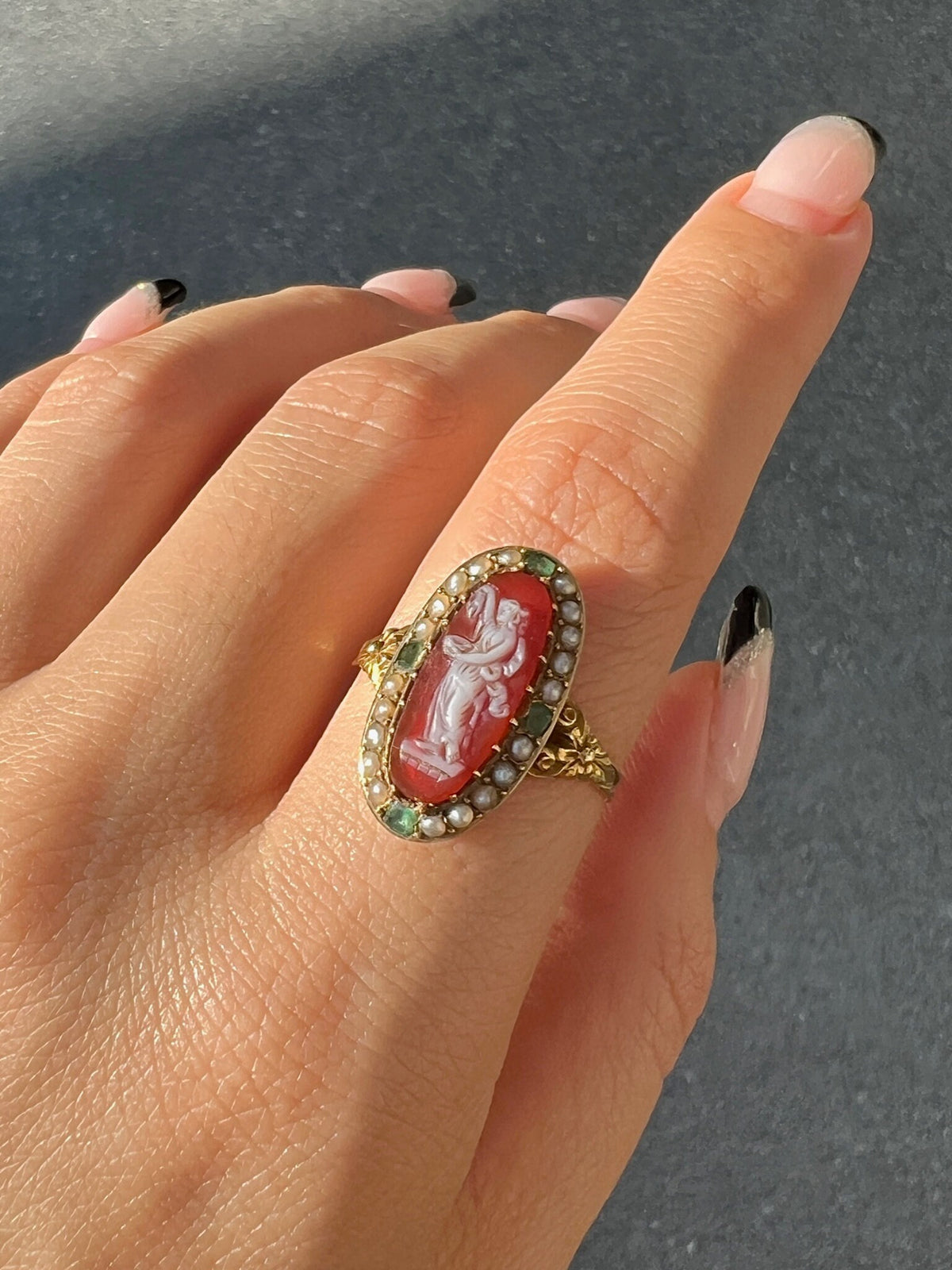 Antique Carnelian Emerald Pearl Cameo Ring