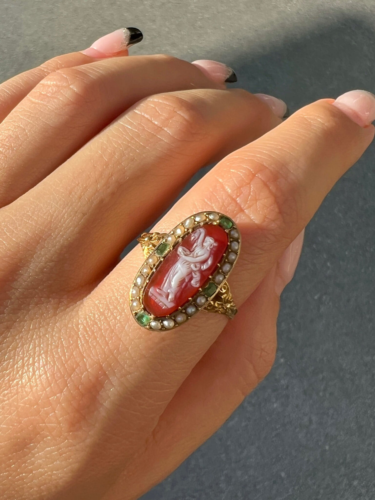 Antique Carnelian Emerald Pearl Cameo Ring