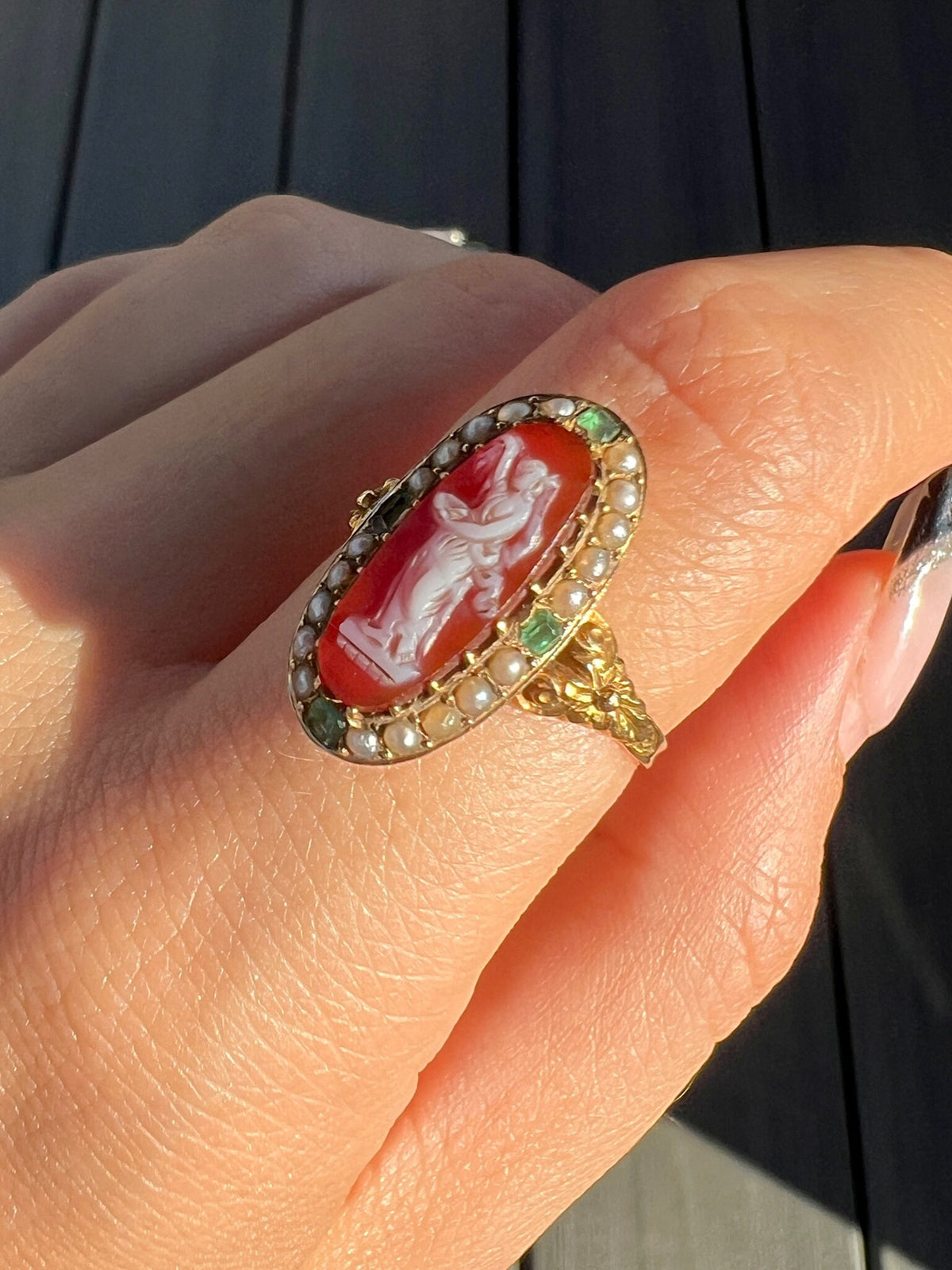 Antique Carnelian Emerald Pearl Cameo Ring