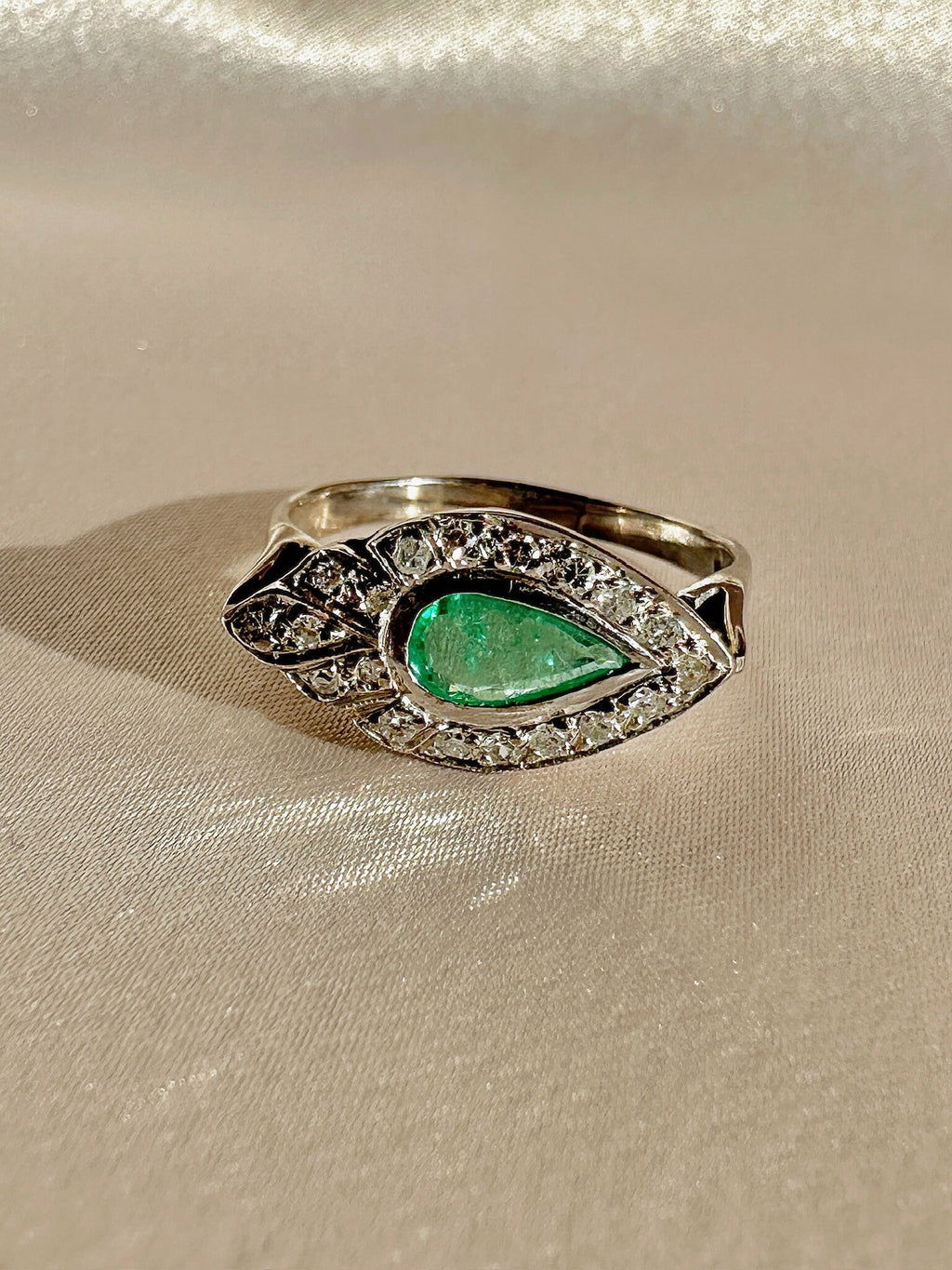 Vintage Palladium Emerald Diamond Pear East West Ring