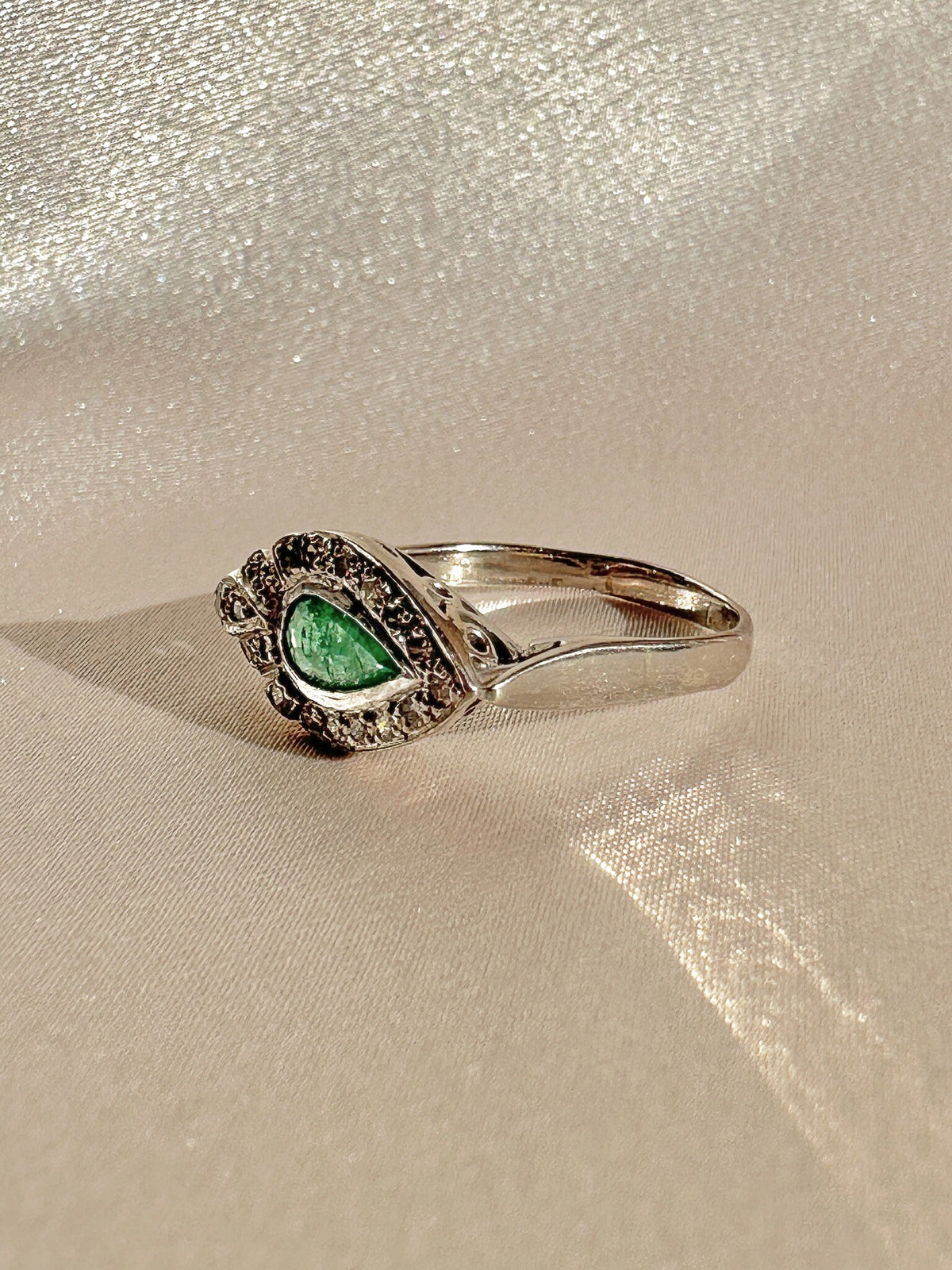 Vintage Palladium Emerald Diamond Pear East West Ring