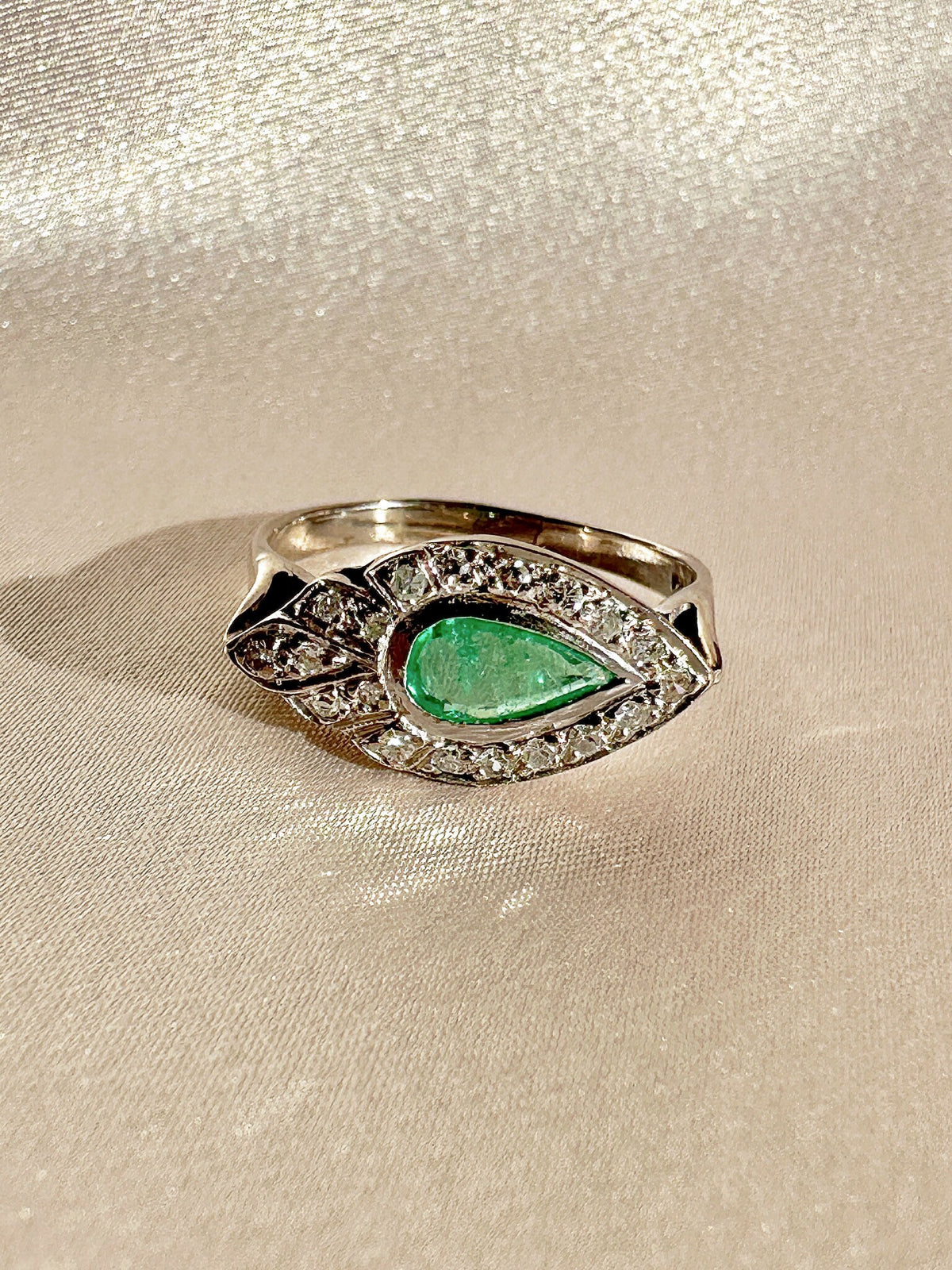 Vintage Palladium Emerald Diamond Pear East West Ring