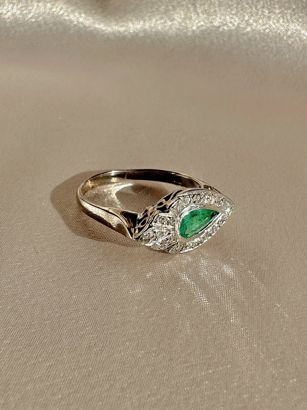 Vintage Palladium Emerald Diamond Pear East West Ring