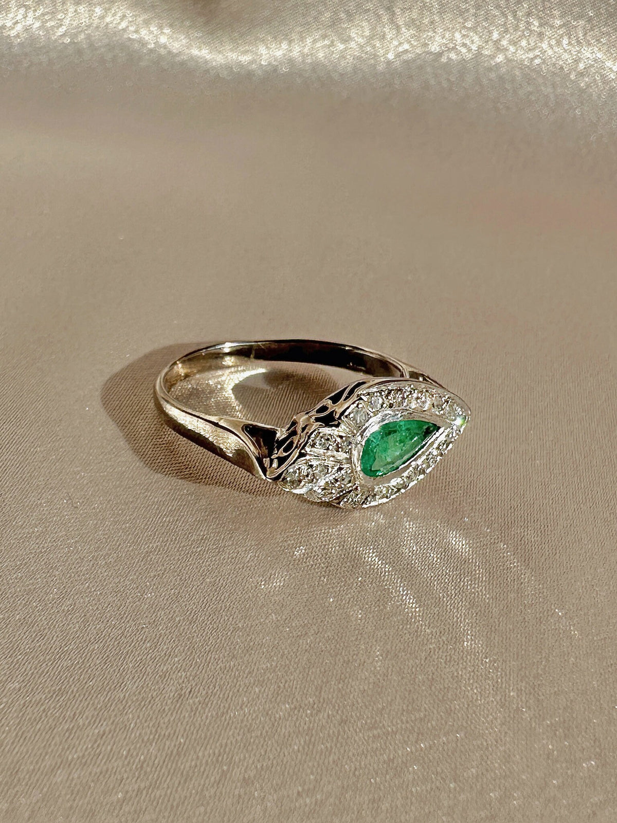 Vintage Palladium Emerald Diamond Pear East West Ring