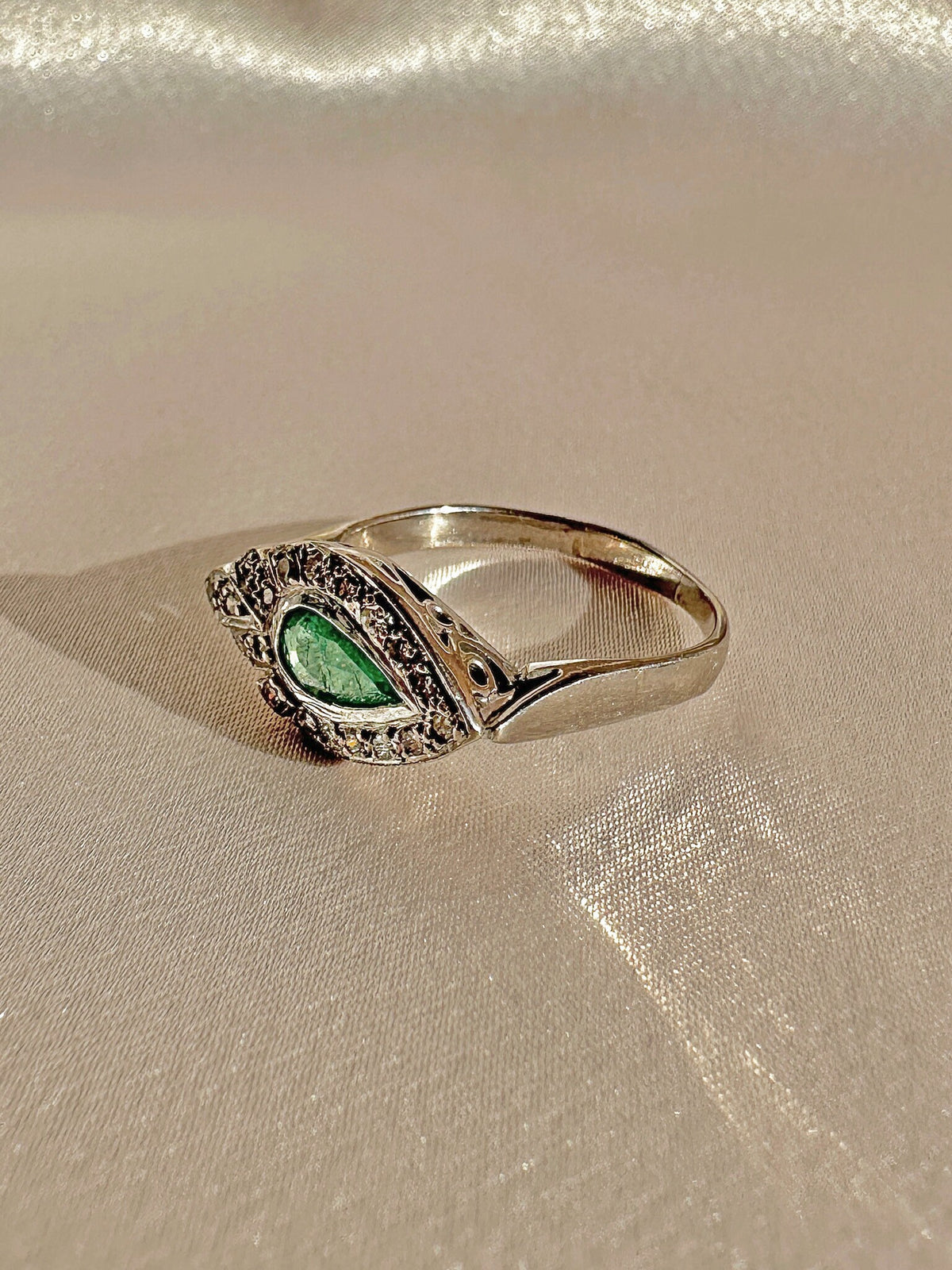 Vintage Palladium Emerald Diamond Pear East West Ring