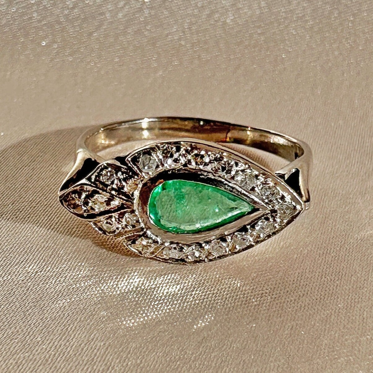 Vintage Palladium Emerald Diamond Pear East West Ring
