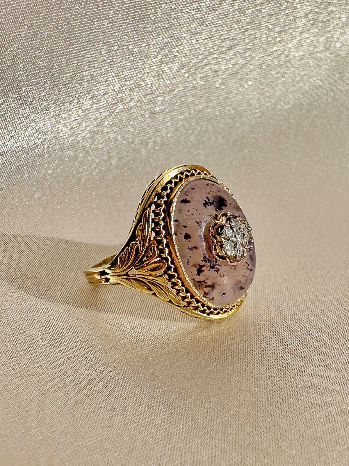 Antique Diamond Moss Agate Flower Cabochon Ring