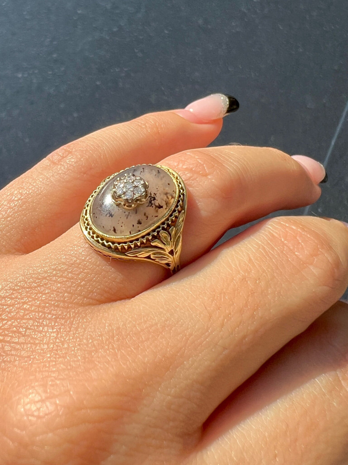 Antique Diamond Moss Agate Flower Cabochon Ring