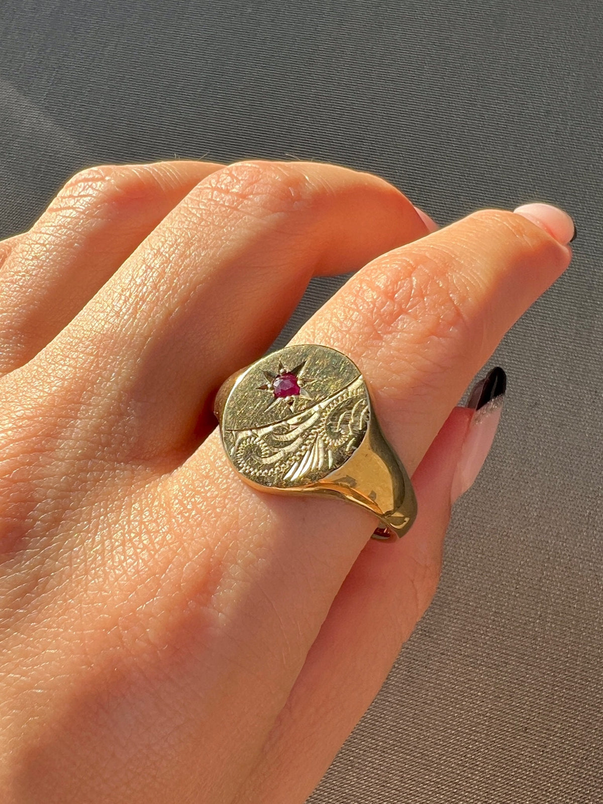 Vintage Ruby Filigree Starburst Signet Ring