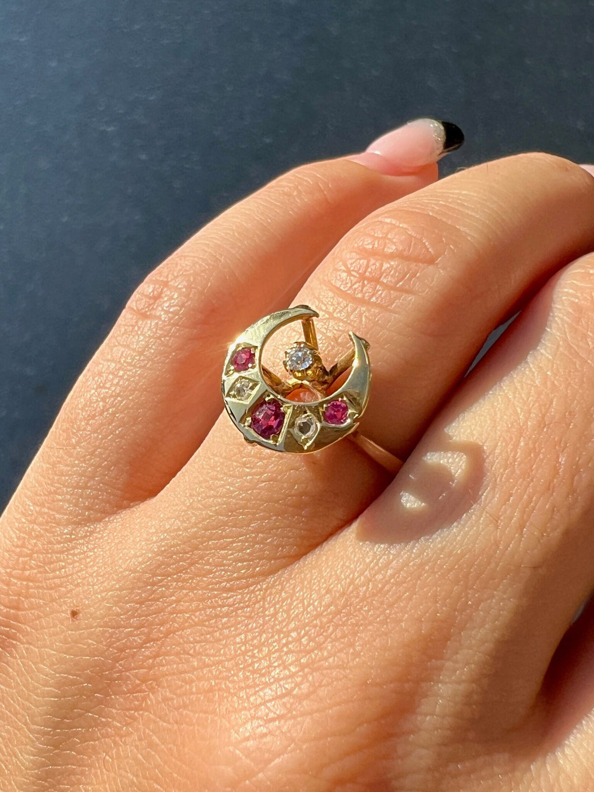 Vintage Ruby Diamond Moon Star Ring 1977