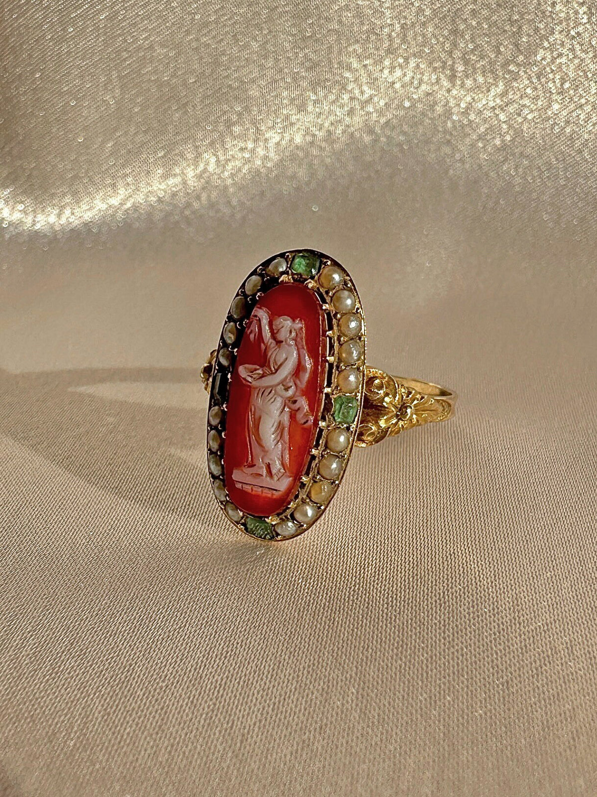 Antique Carnelian Emerald Pearl Cameo Ring