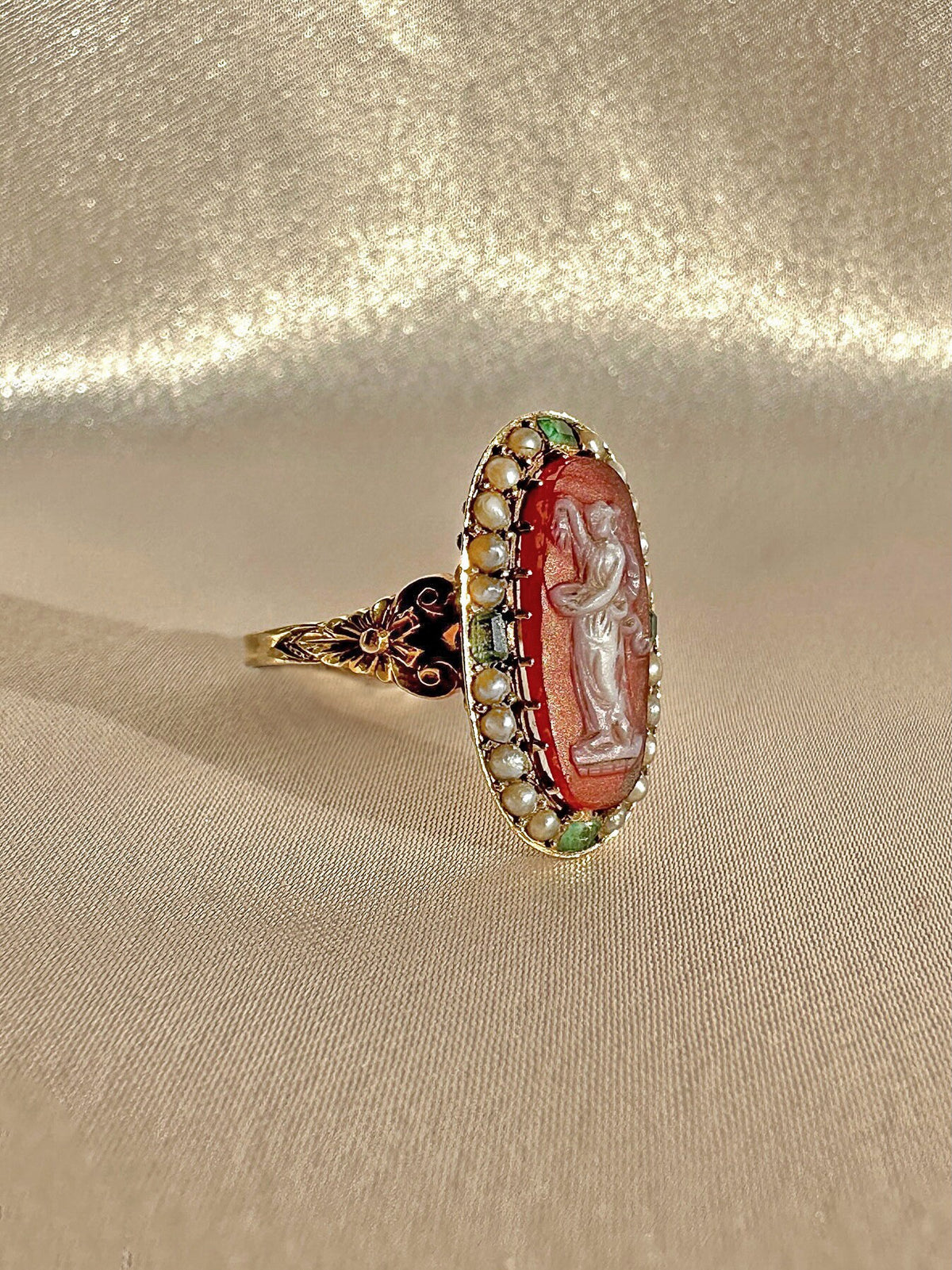 Antique Carnelian Emerald Pearl Cameo Ring