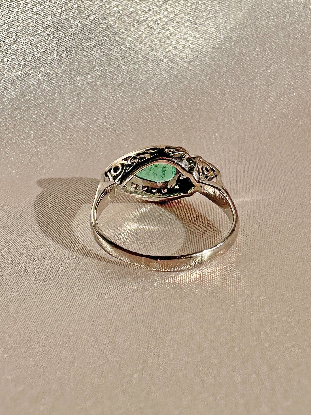 Vintage Palladium Emerald Diamond Pear East West Ring