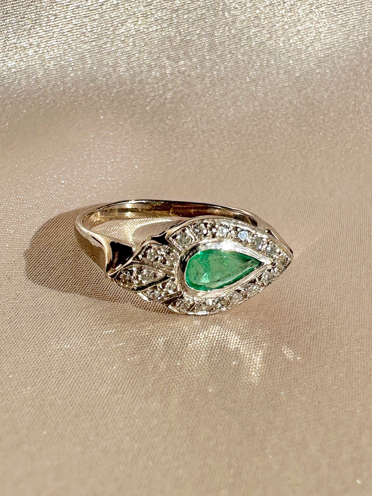Vintage Palladium Emerald Diamond Pear East West Ring