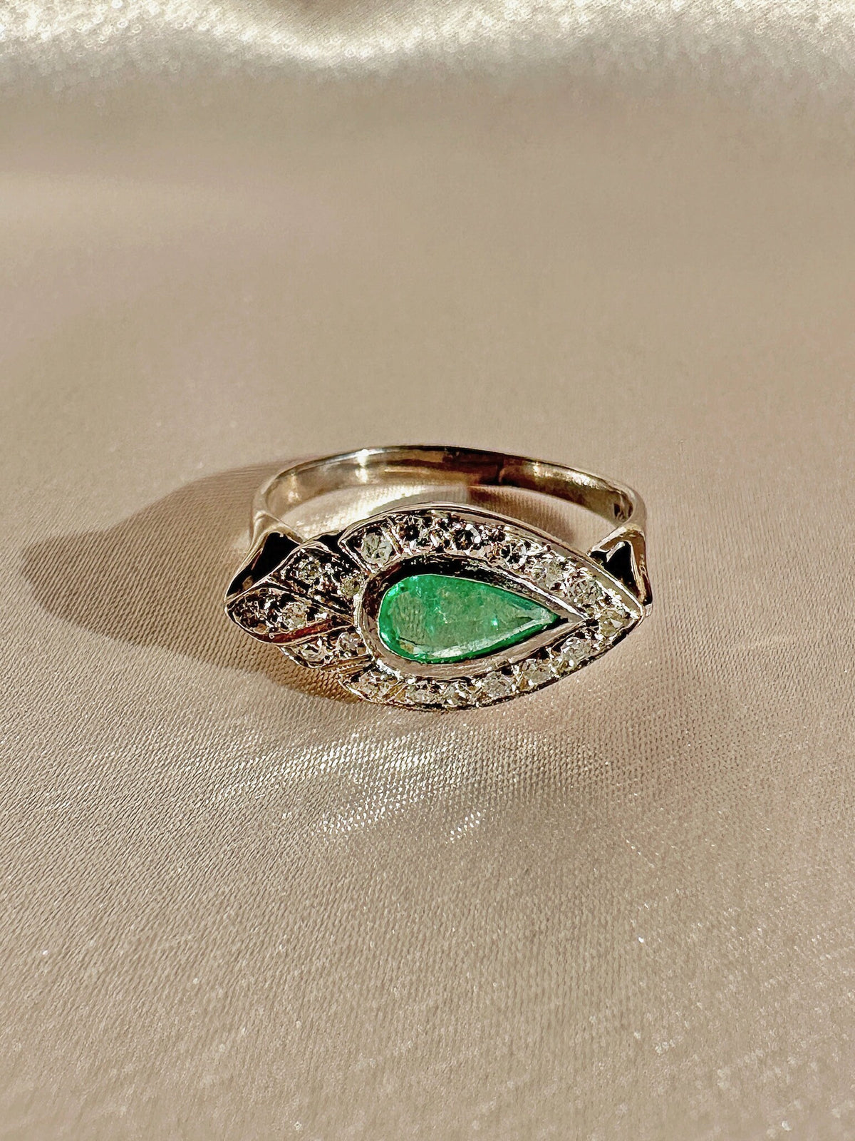 Vintage Palladium Emerald Diamond Pear East West Ring