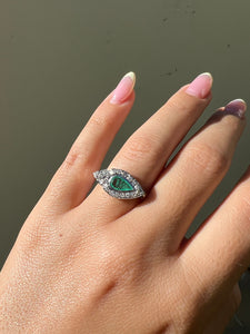 Vintage Palladium Emerald Diamond Pear East West Ring