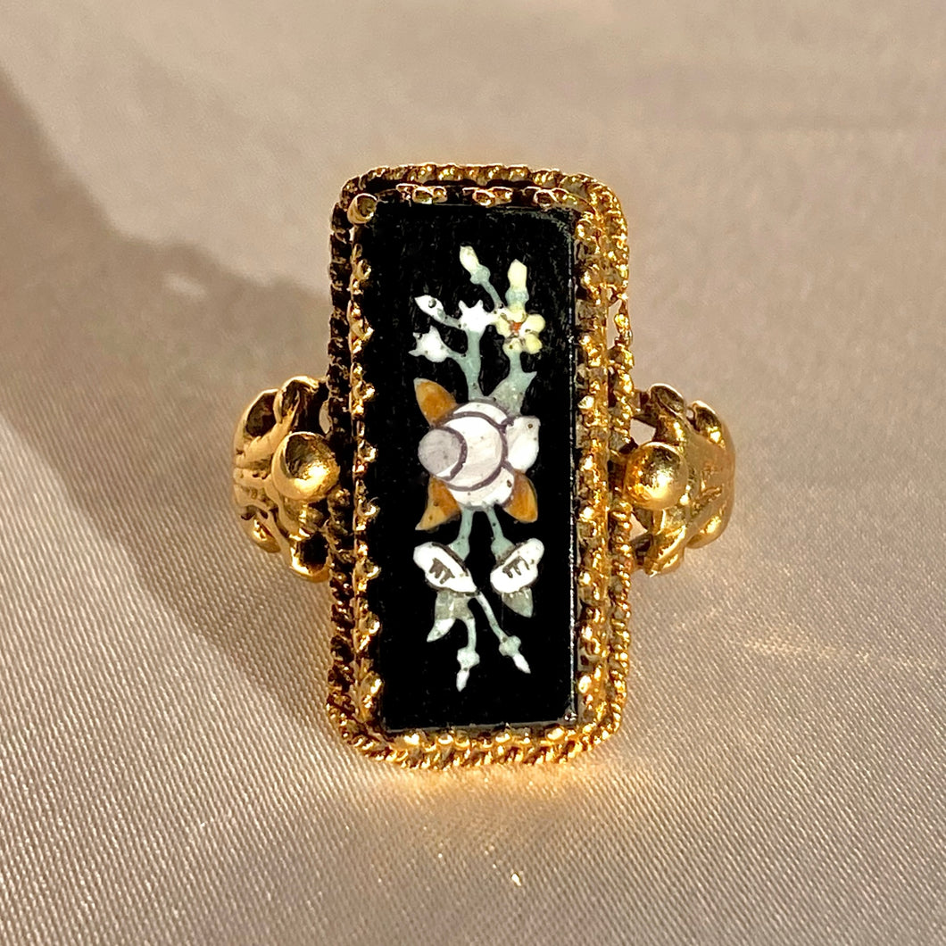Antique 14k Onyx Enamel Floral Slab Ring