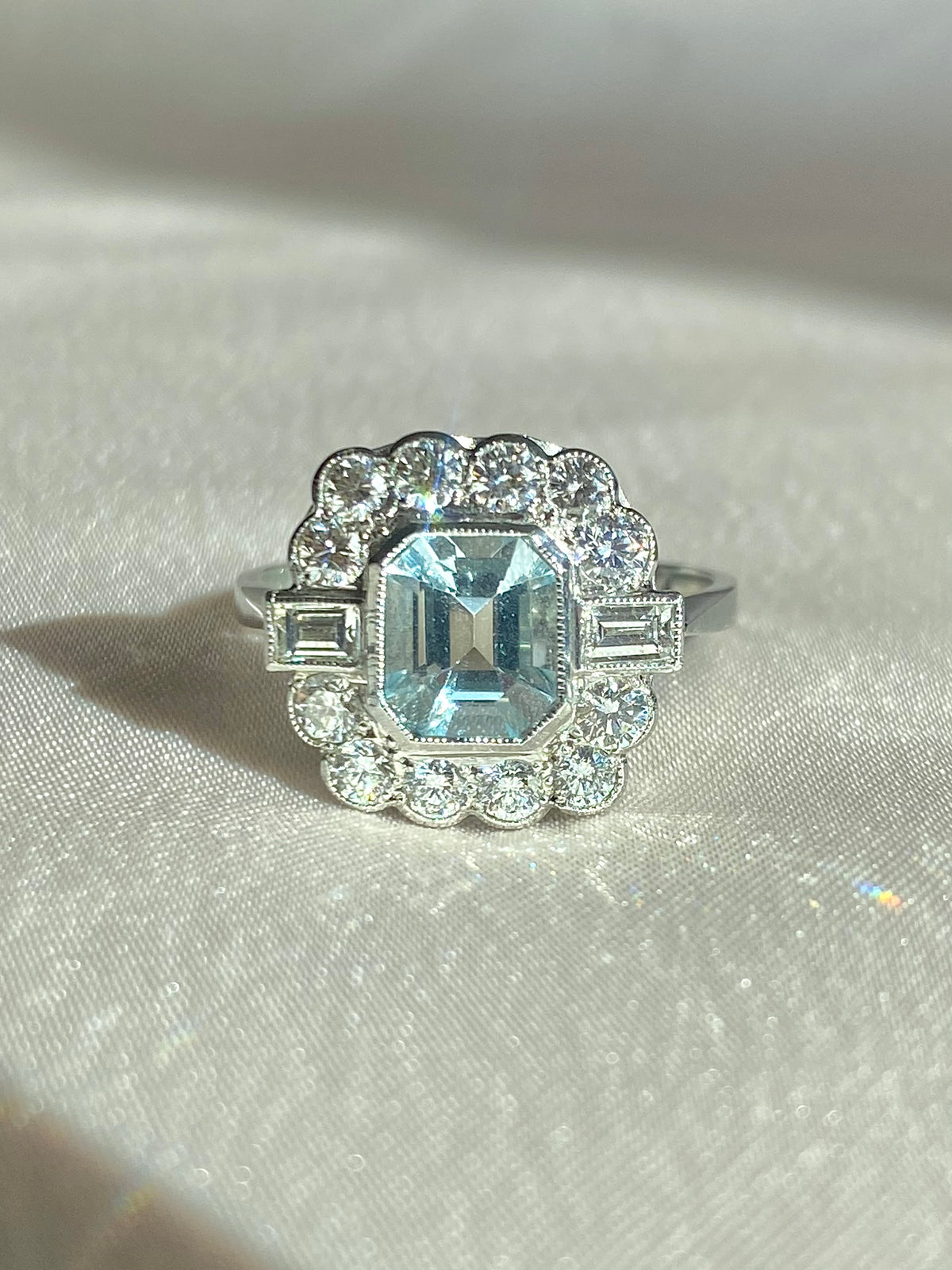 Vintage Platinum Aquamarine Diamond Cluster Ring