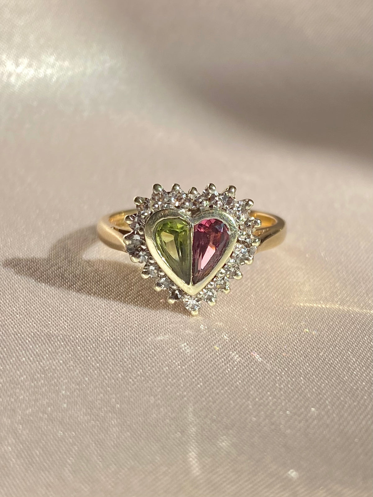 Vintage 9k Pink Green Tourmaline Diamond Heart Ring 1985