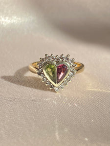 Vintage 9k Pink Green Tourmaline Diamond Heart Ring 1985