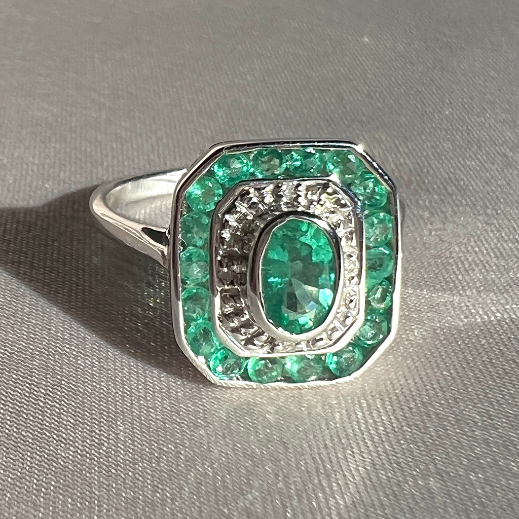 Emerald Diamond White Gold Target Deco Ring