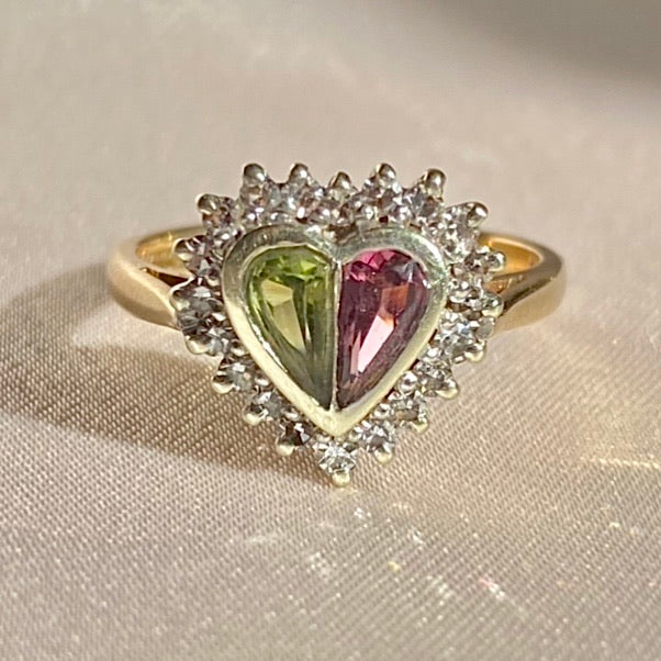 Vintage 9k Pink Green Tourmaline Diamond Heart Ring 1985