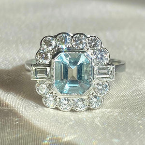 Vintage Platinum Aquamarine Diamond Cluster Ring