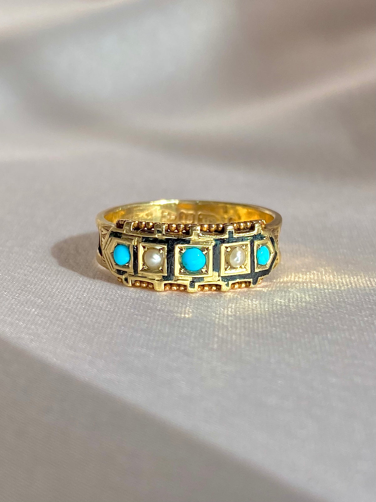 Antique 15k Turquoise Pearl Enamel Ring 1890