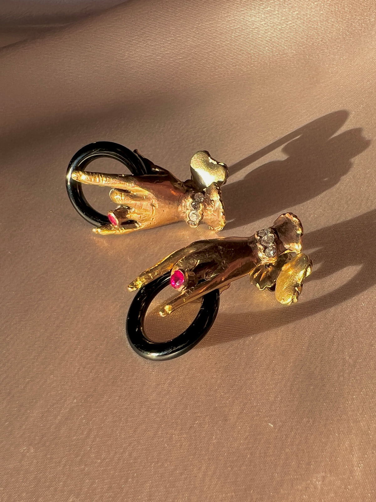 Vintage 10k Diamond Ruby Onyx Mano Earrings