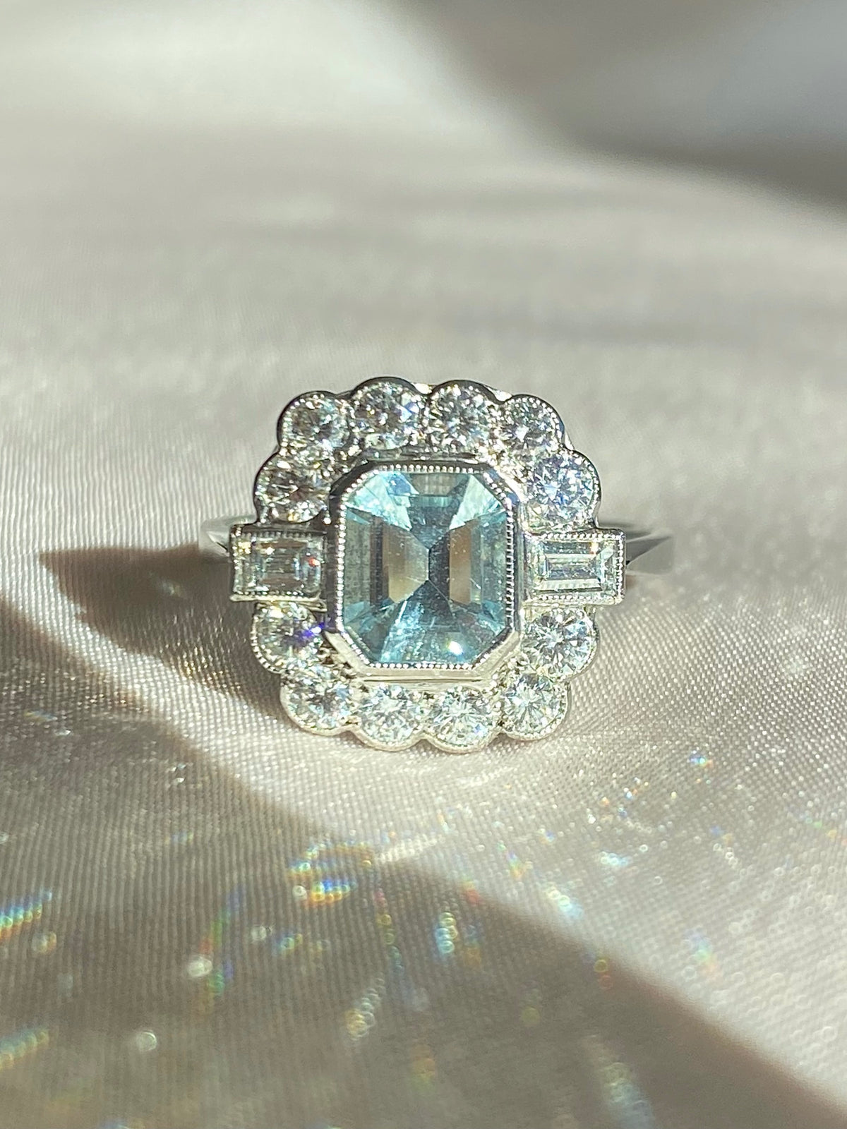 Vintage Platinum Aquamarine Diamond Cluster Ring