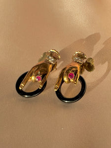 Vintage 10k Diamond Ruby Onyx Mano Earrings