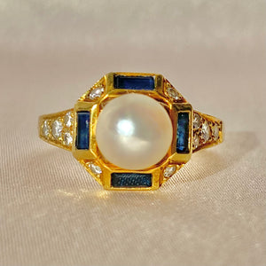 Vintage 18k Pearl Sapphire Diamond Cluster Ring
