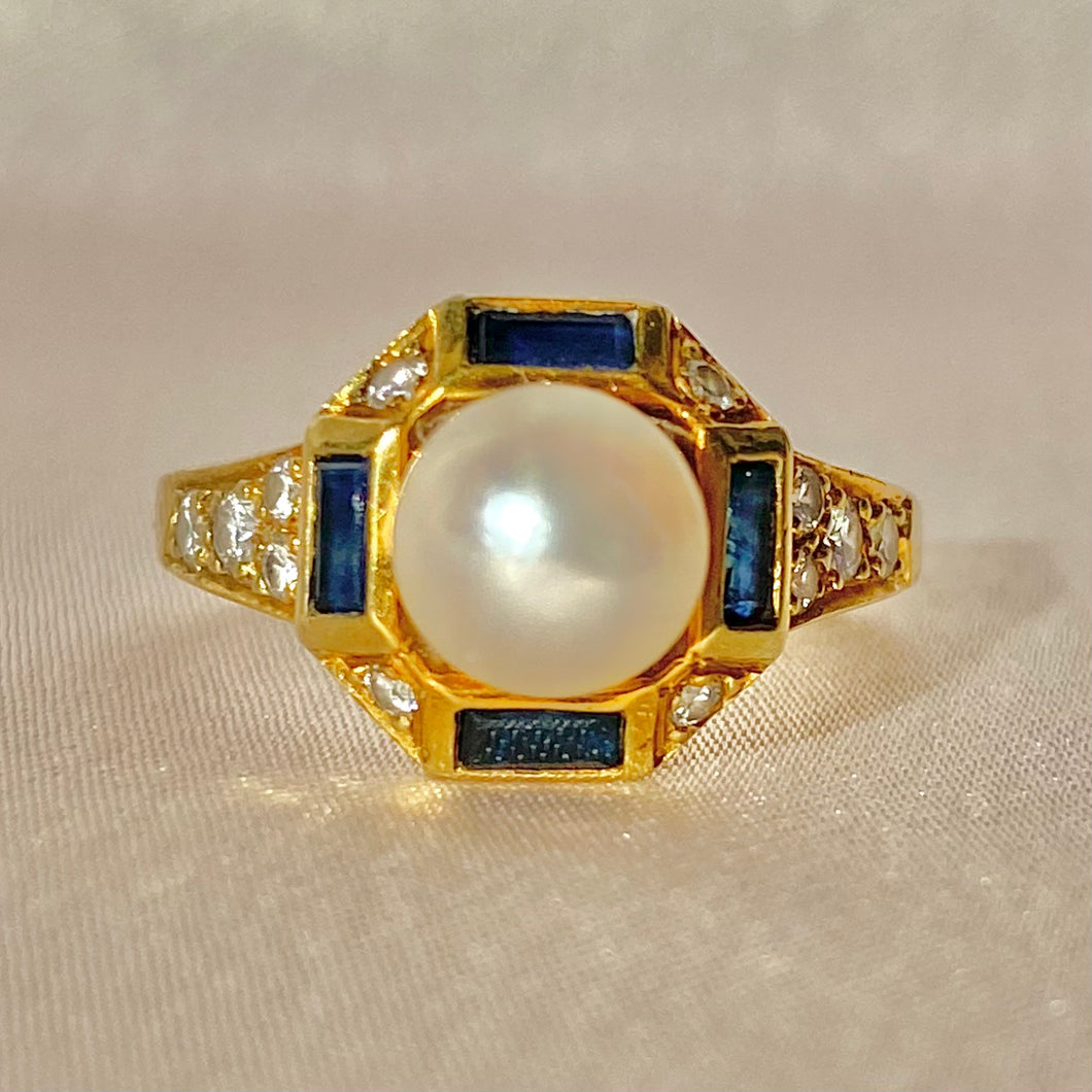 Vintage 18k Pearl Sapphire Diamond Cluster Ring