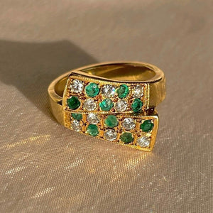 Vintage 18k Emerald Diamond Checkered Bypass Ring