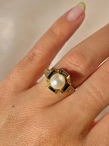 Vintage 18k Pearl Sapphire Diamond Cluster Ring