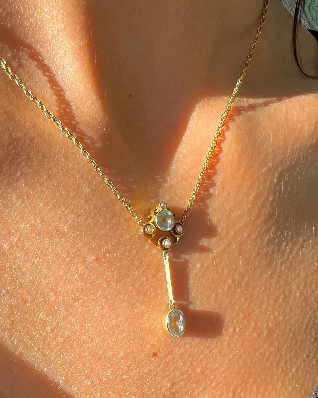 Antique 9k Aquamarine Pearl Edwardian Necklace