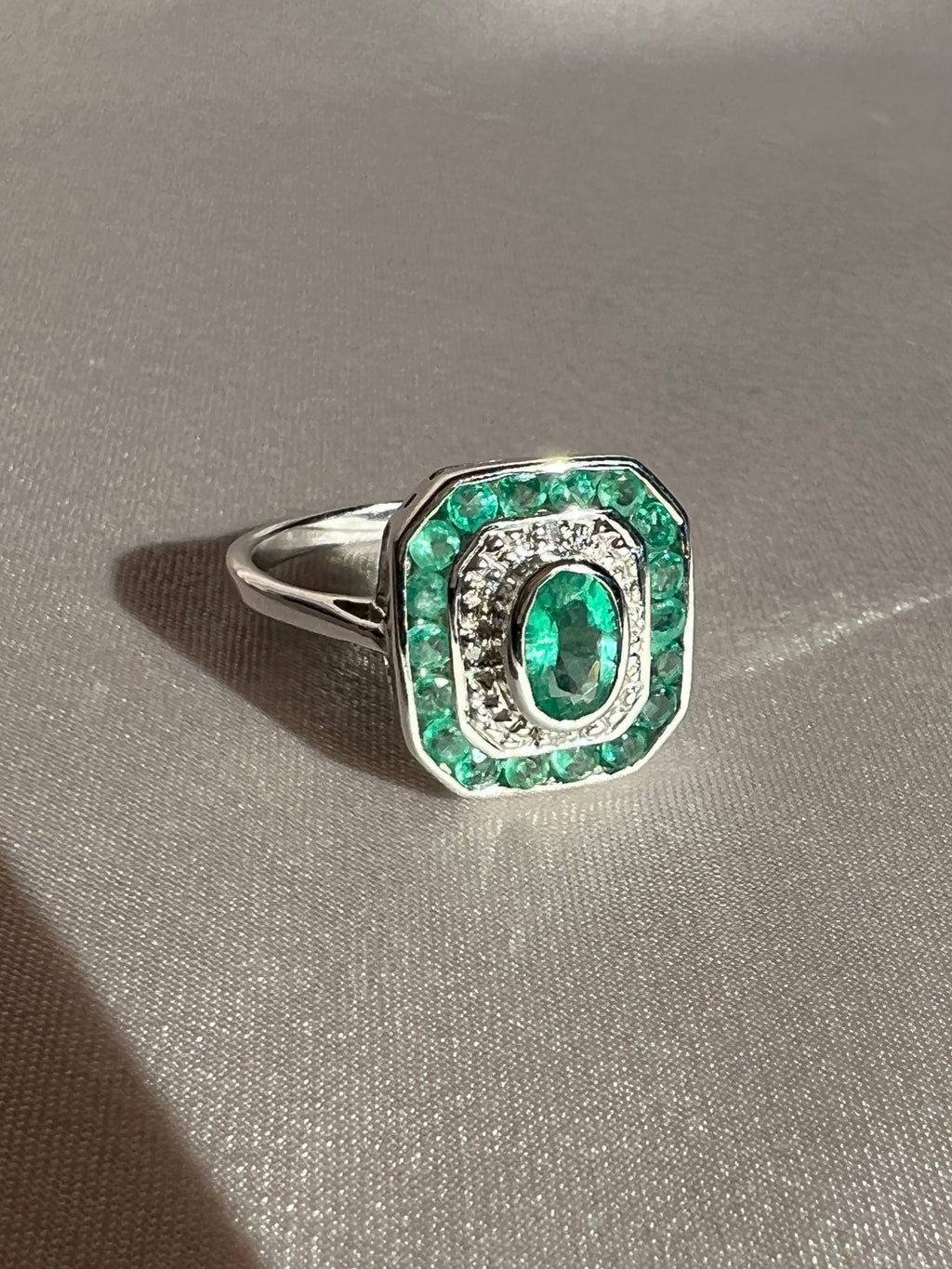 Emerald Diamond White Gold Target Deco Ring