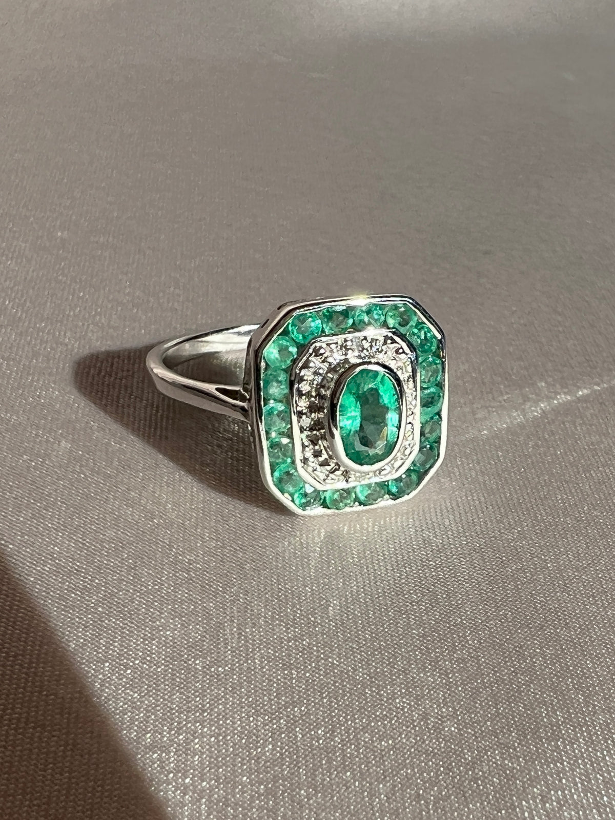 Emerald Diamond White Gold Target Deco Ring