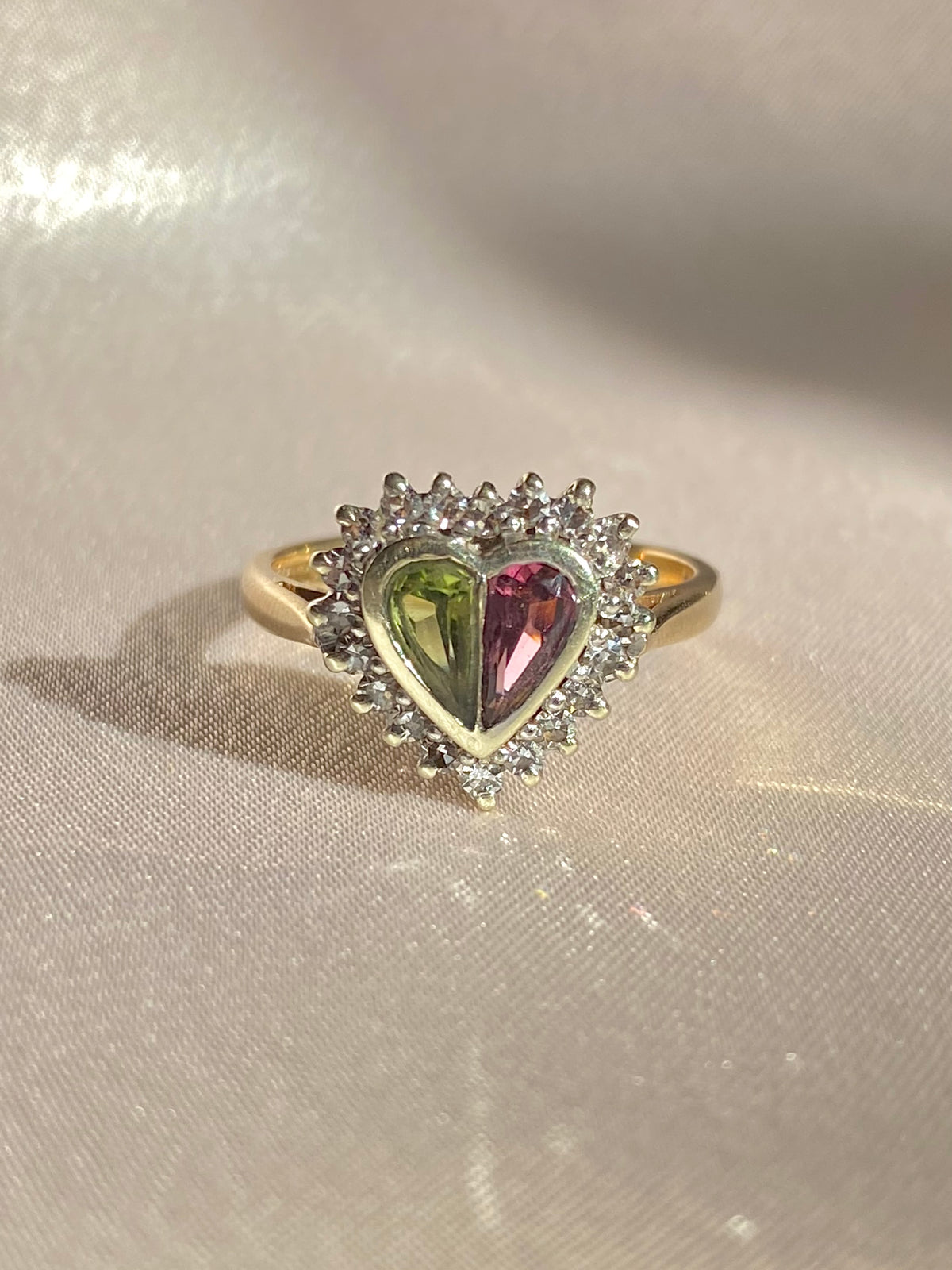 Vintage 9k Pink Green Tourmaline Diamond Heart Ring 1985