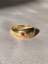 Load image into Gallery viewer, Antique 18k Ruby Diamond Gypsy Starburst Trilogy Ring 1916
