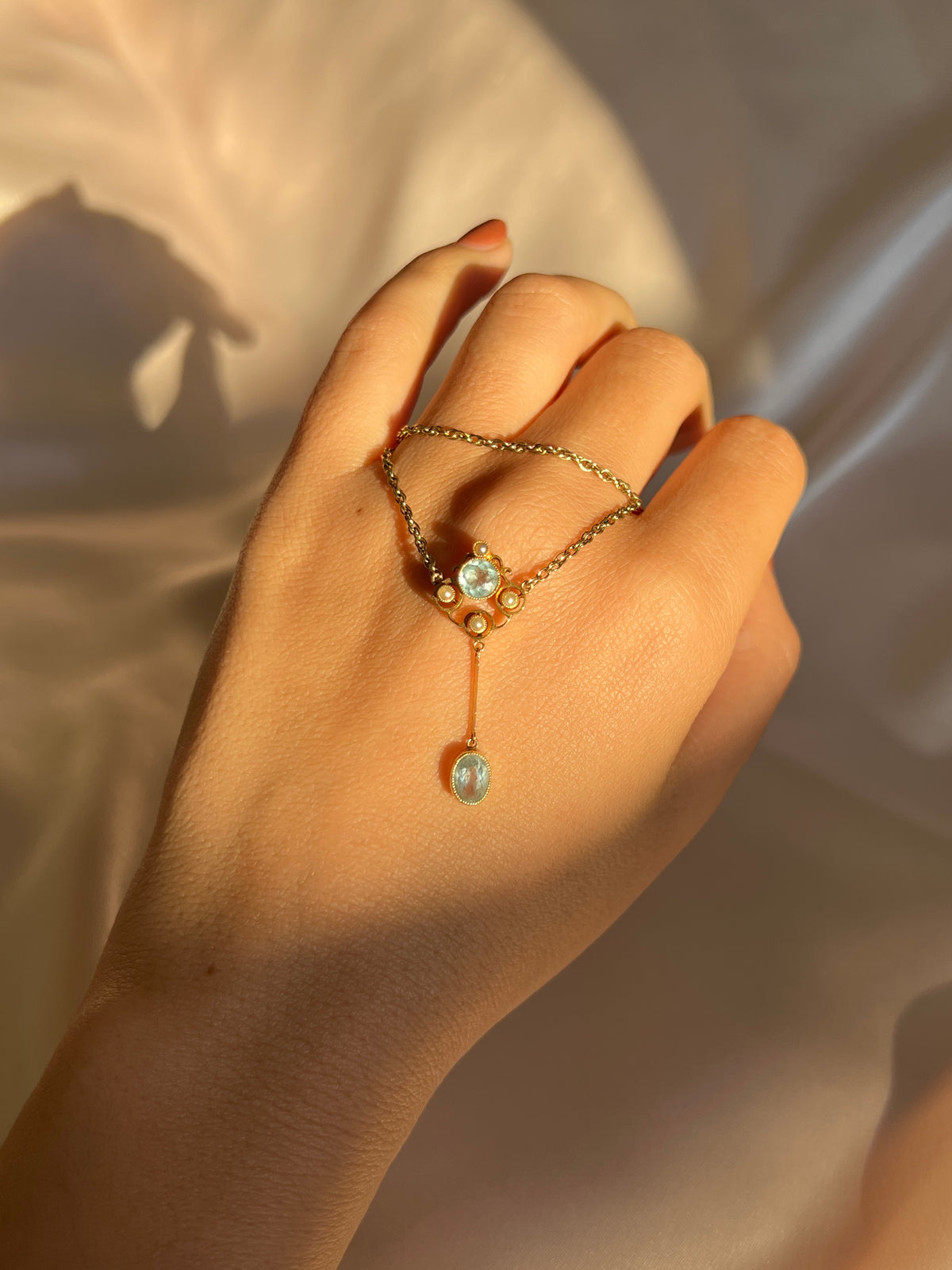Antique 9k Aquamarine Pearl Edwardian Necklace