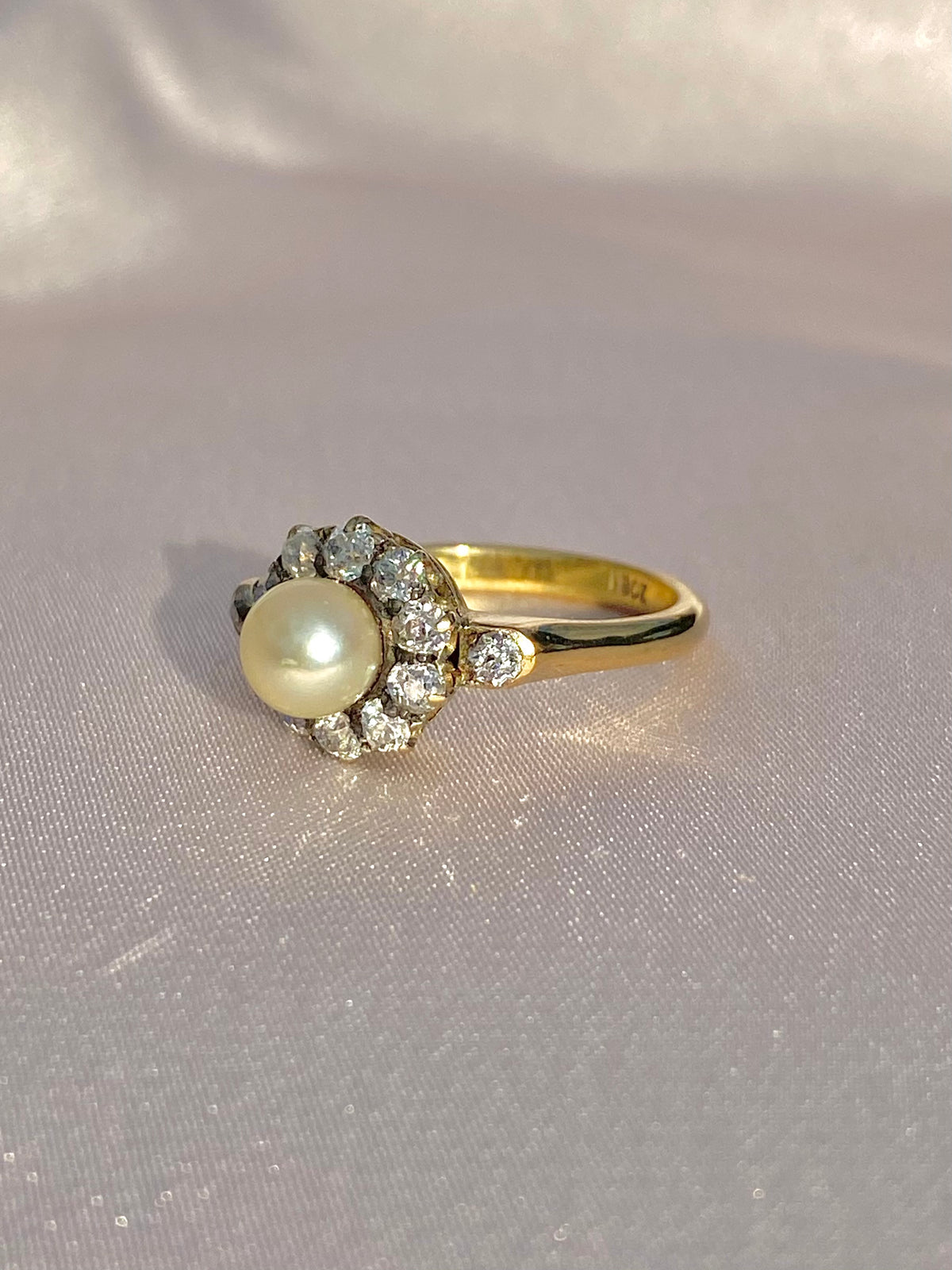 Antique 18k Deco Diamond Pearl Cluster Engagement Ring