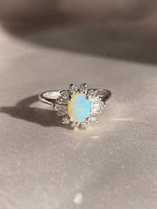 Vintage 14k White Gold Opal Diamond Halo Ring