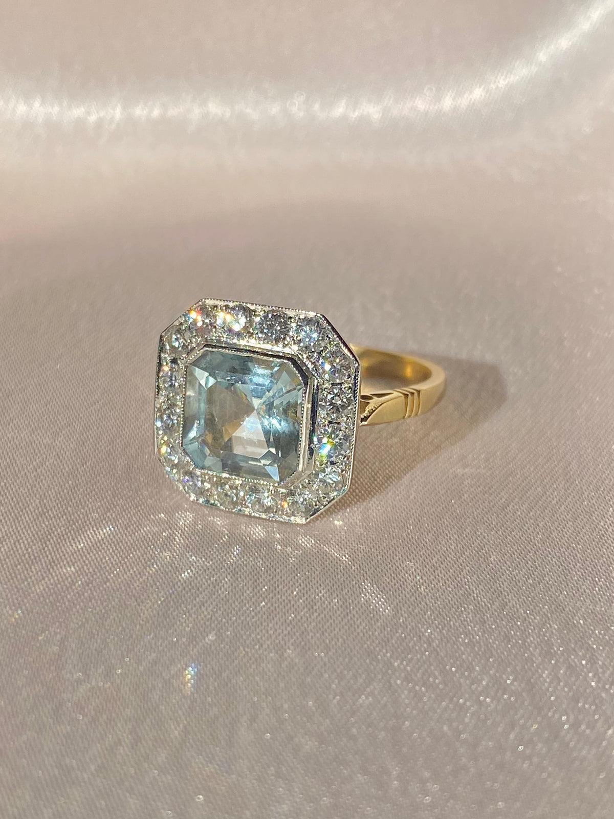 Vintage 18k Platinum Asscher Aquamarine Diamond Ring