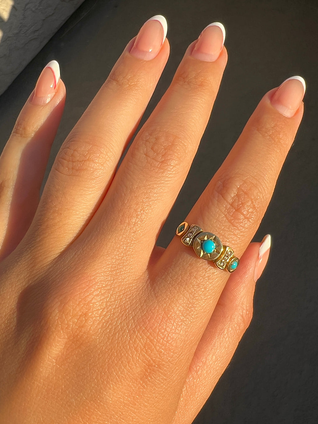 Antique 15k Turquoise Diamond Starburst Panel Ring 1891