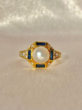 Load image into Gallery viewer, Vintage 18k Pearl Sapphire Diamond Cluster Ring
