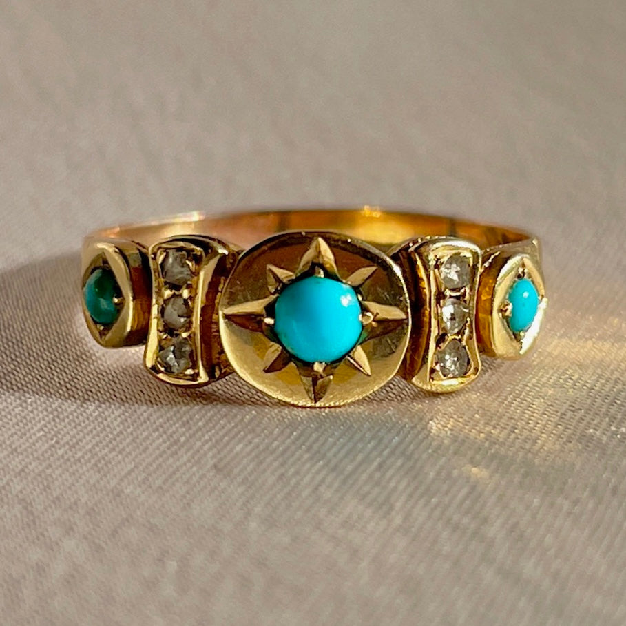 Antique 15k Turquoise Diamond Starburst Panel Ring 1891